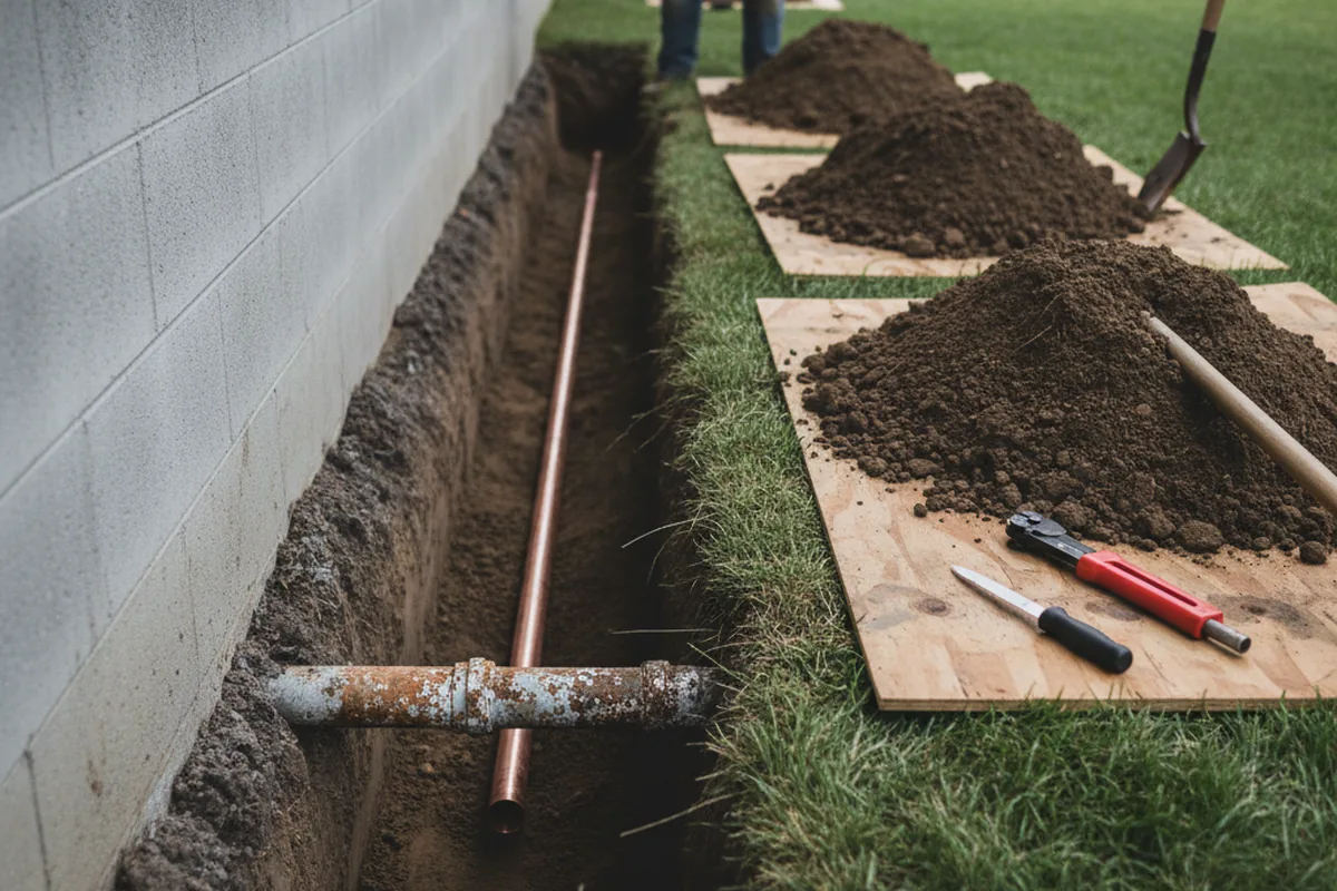 Excavated water line trench during Water Softener Installation in Curtis Bay